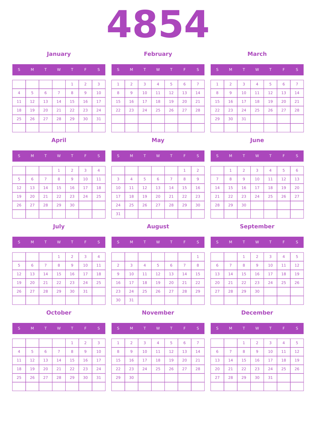Printable 4854 Year Calendars purple