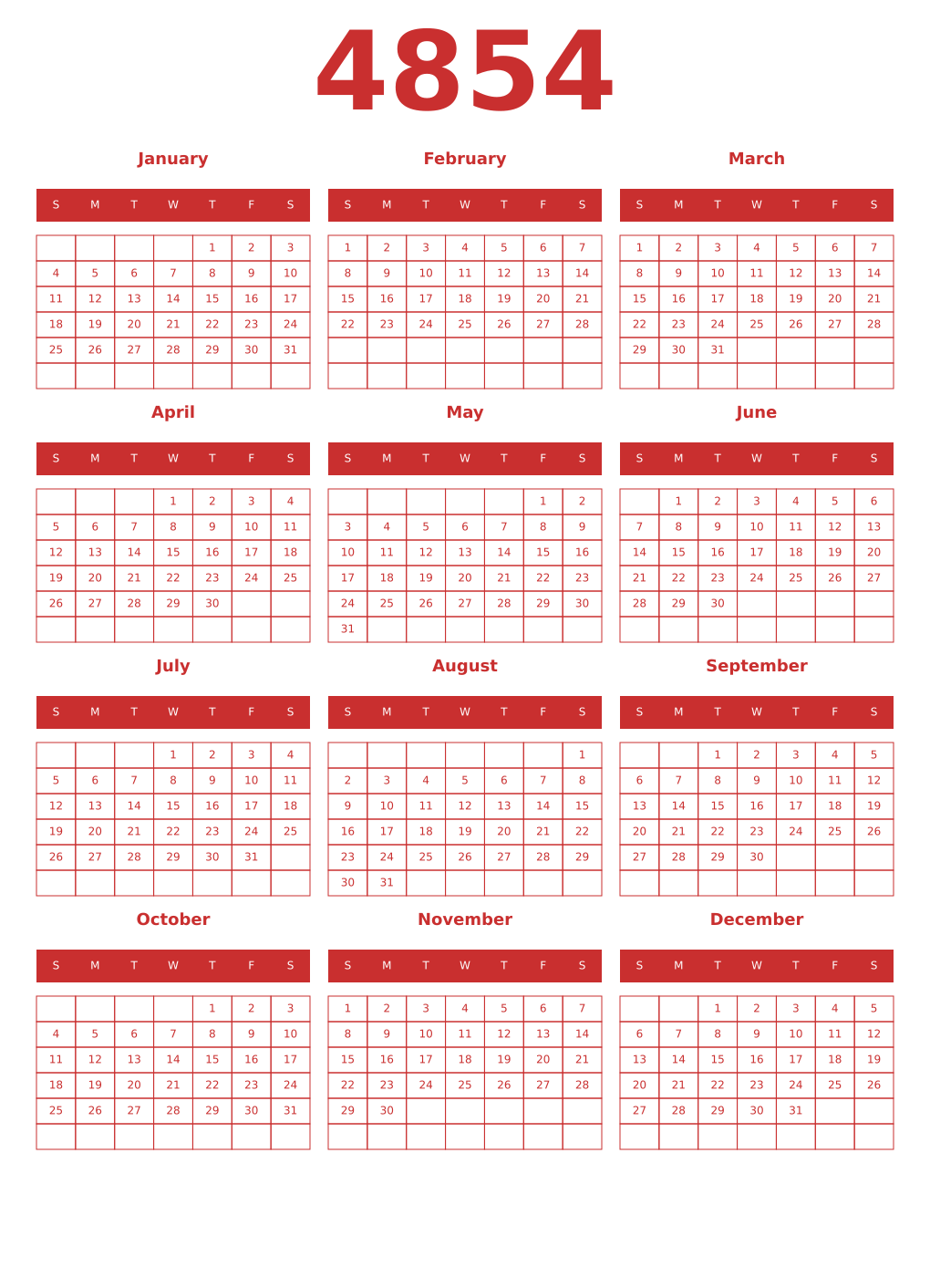 Printable 4854 Year Calendars red