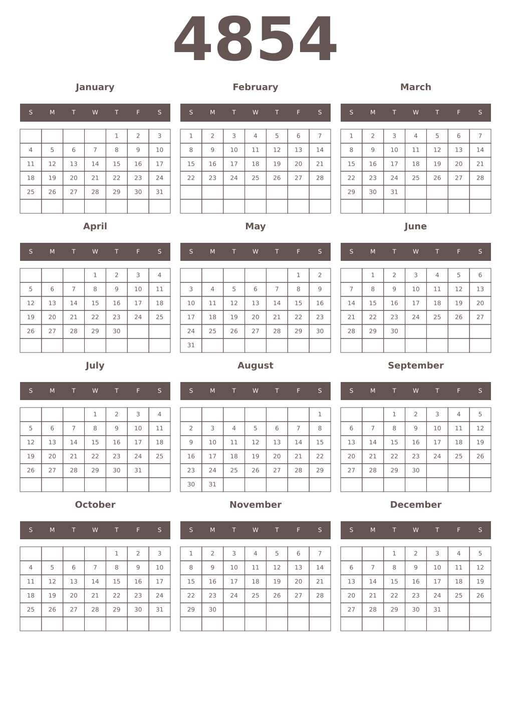 Printable 4854 Year Calendars wenge