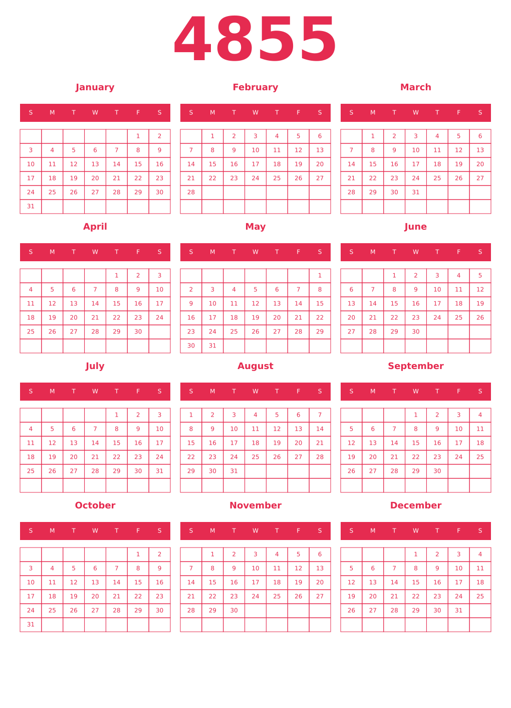 Printable 4855 Year Calendars amaranth