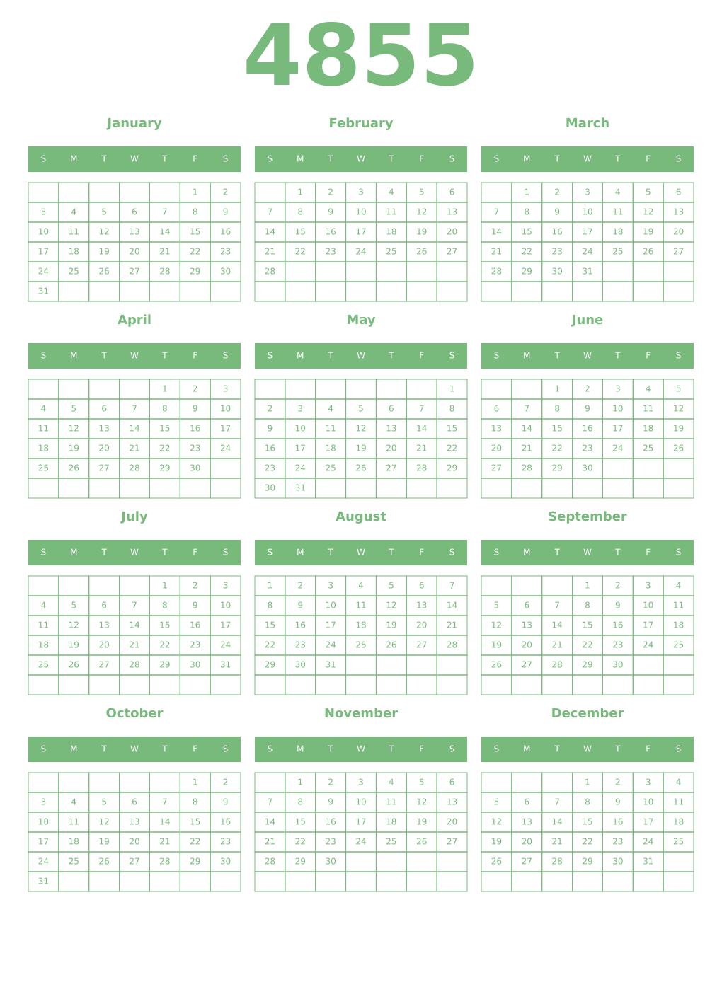 Printable 4855 Year Calendars celadon