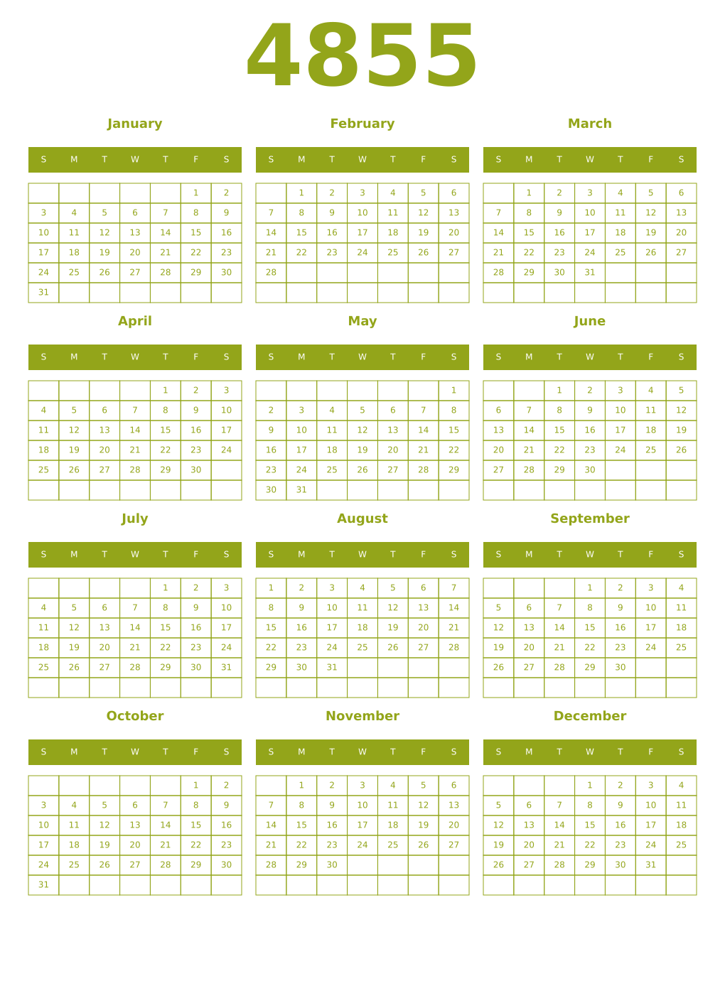 Printable 4855 Year Calendars chartreuse