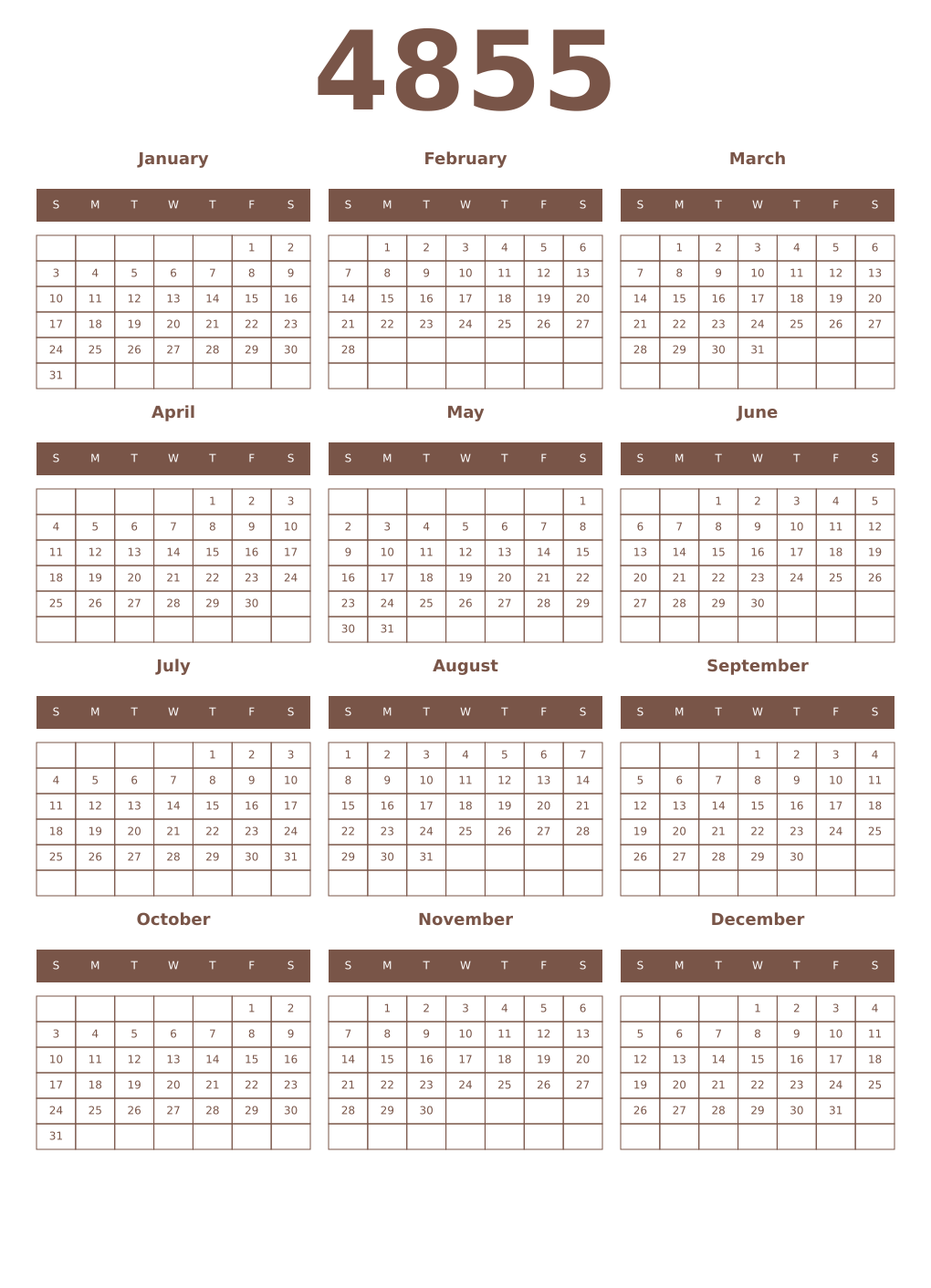 Printable 4855 Year Calendars coffe