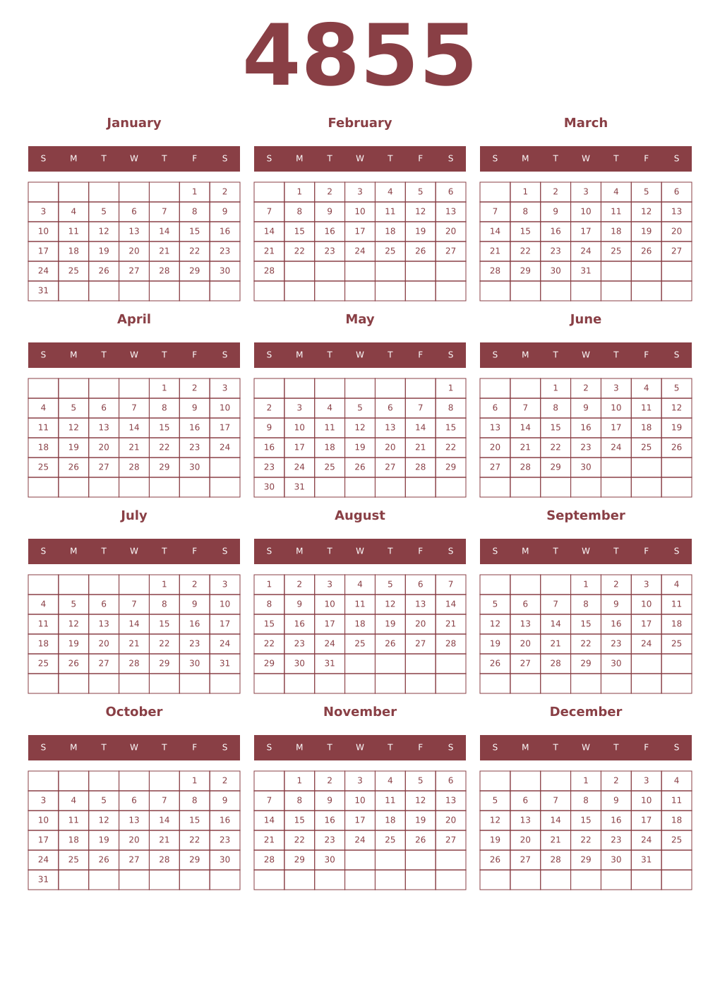 Printable 4855 Year Calendars cordovan