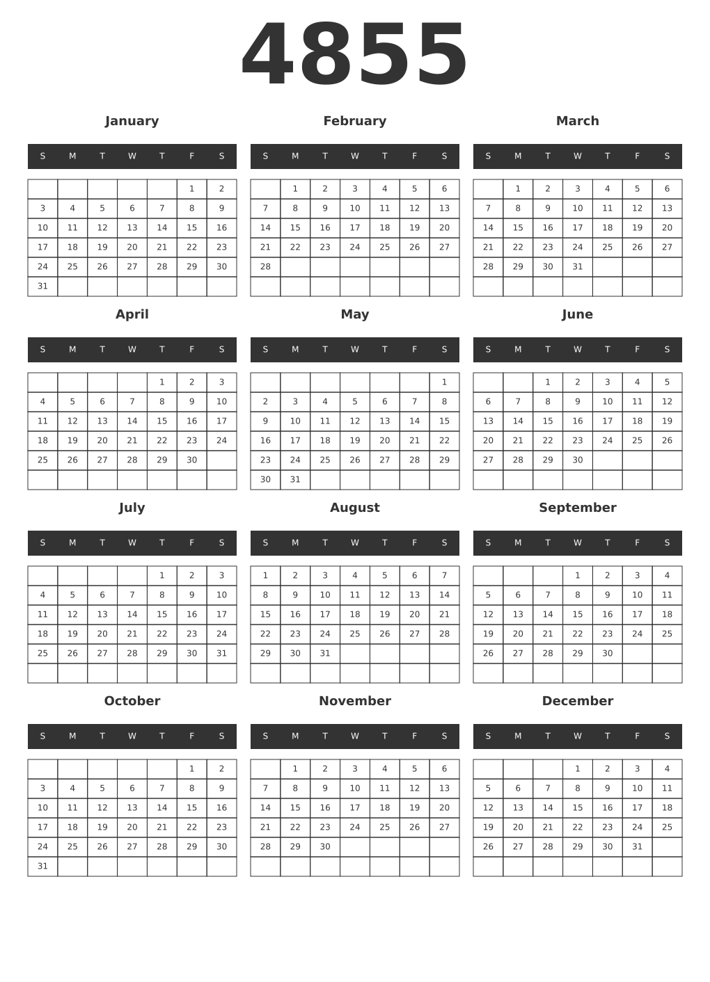 Printable 4855 Year Calendars dark