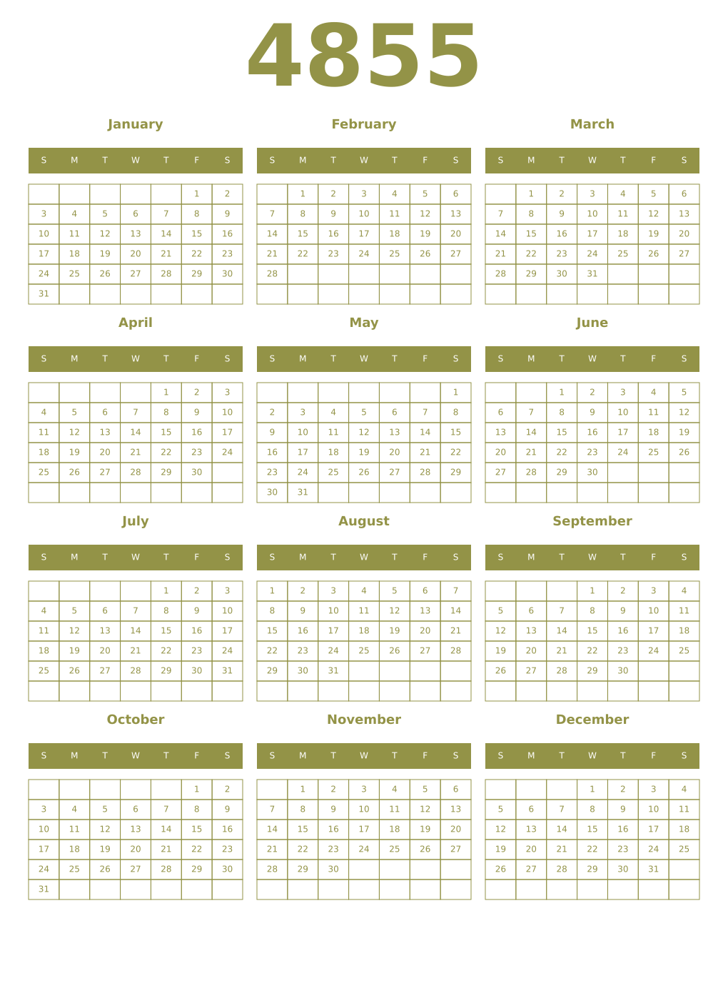 Printable 4855 Year Calendars eburnean