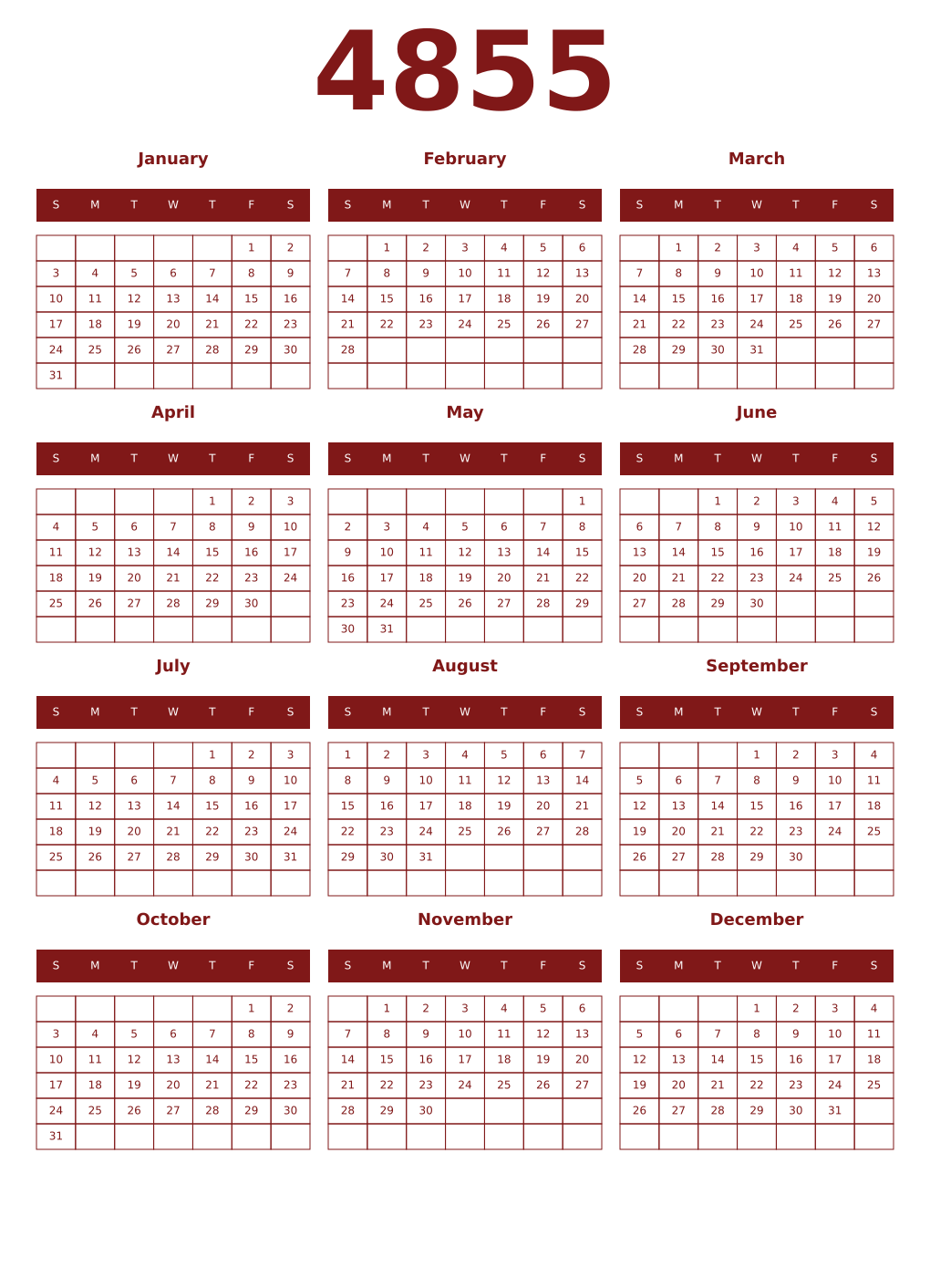 Printable 4855 Year Calendars falu