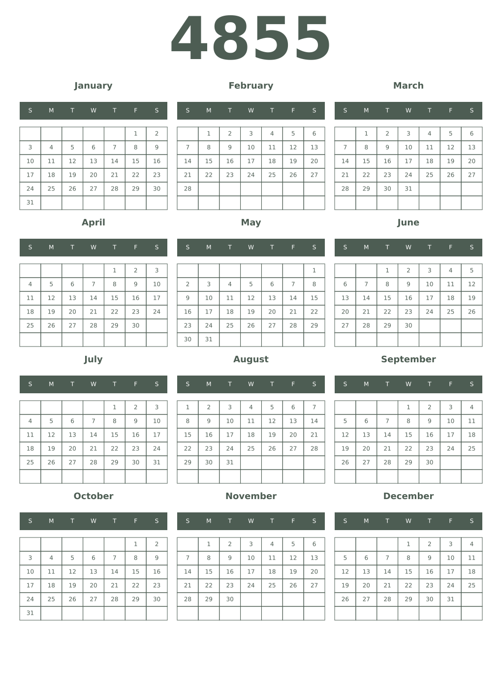 Printable 4855 Year Calendars feldgrau