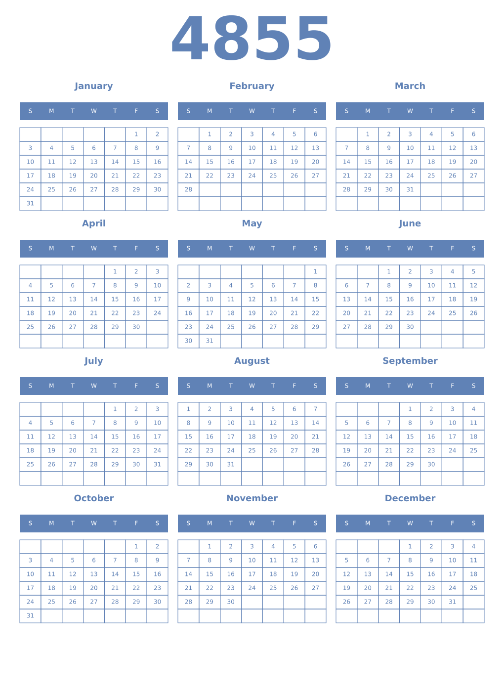 Printable 4855 Year Calendars glaucous