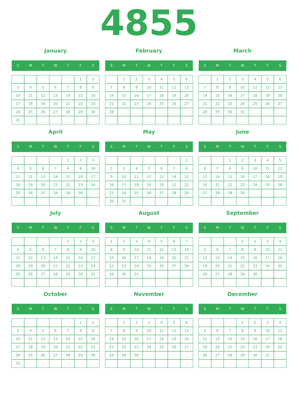 Printable 4855 Year Calendars green