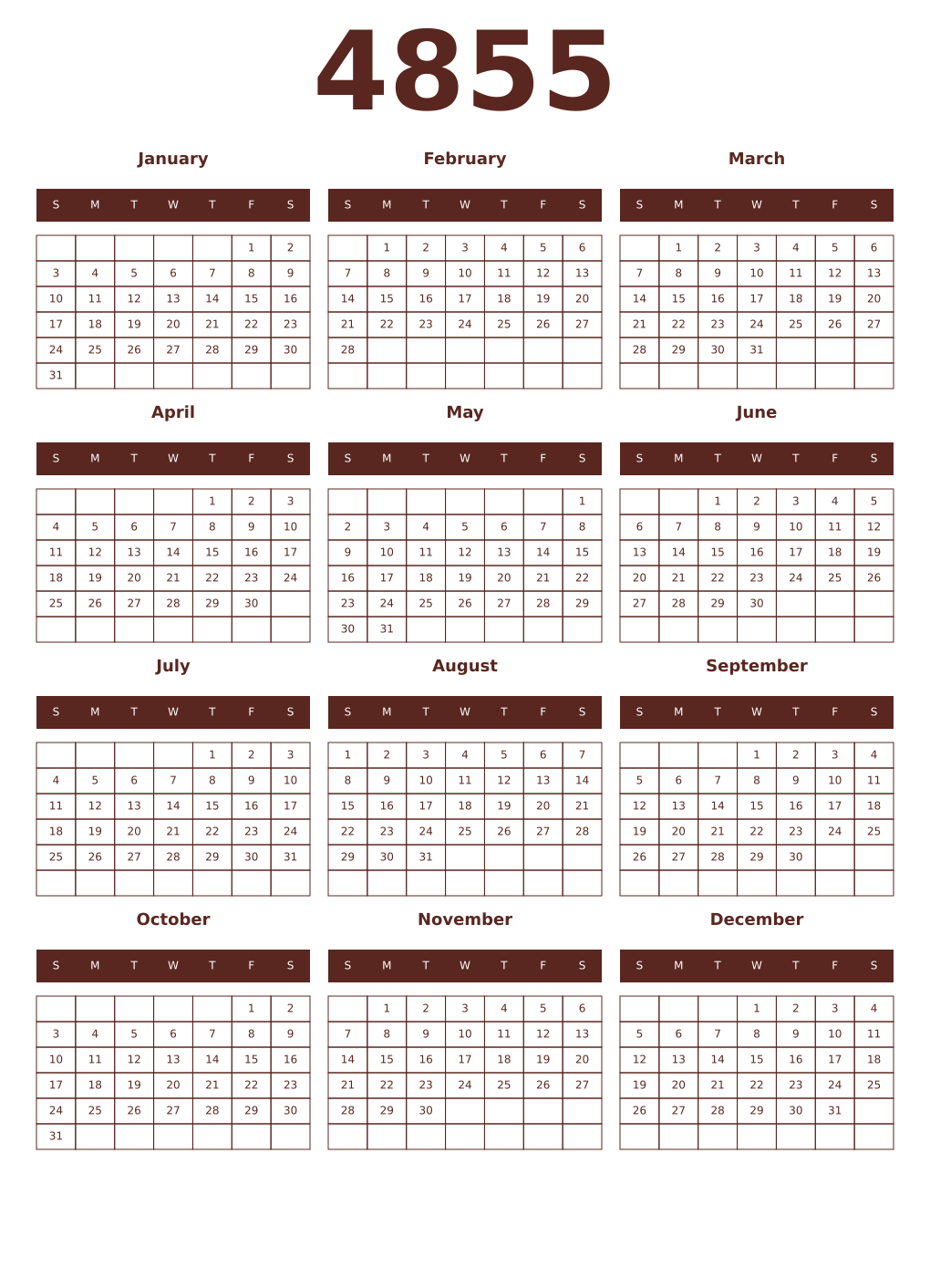 Printable 4855 Year Calendars mortuum