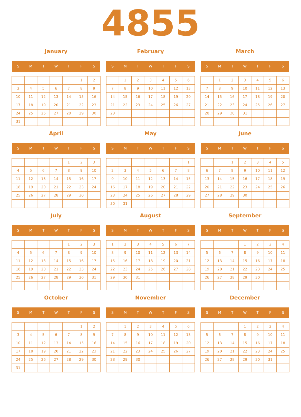 Printable 4855 Year Calendars orange