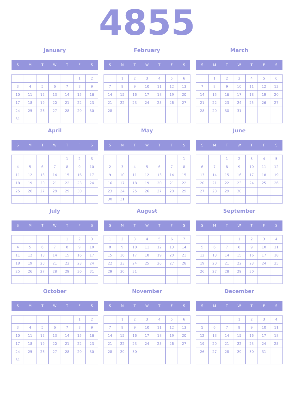 Printable 4855 Year Calendars periwinkle