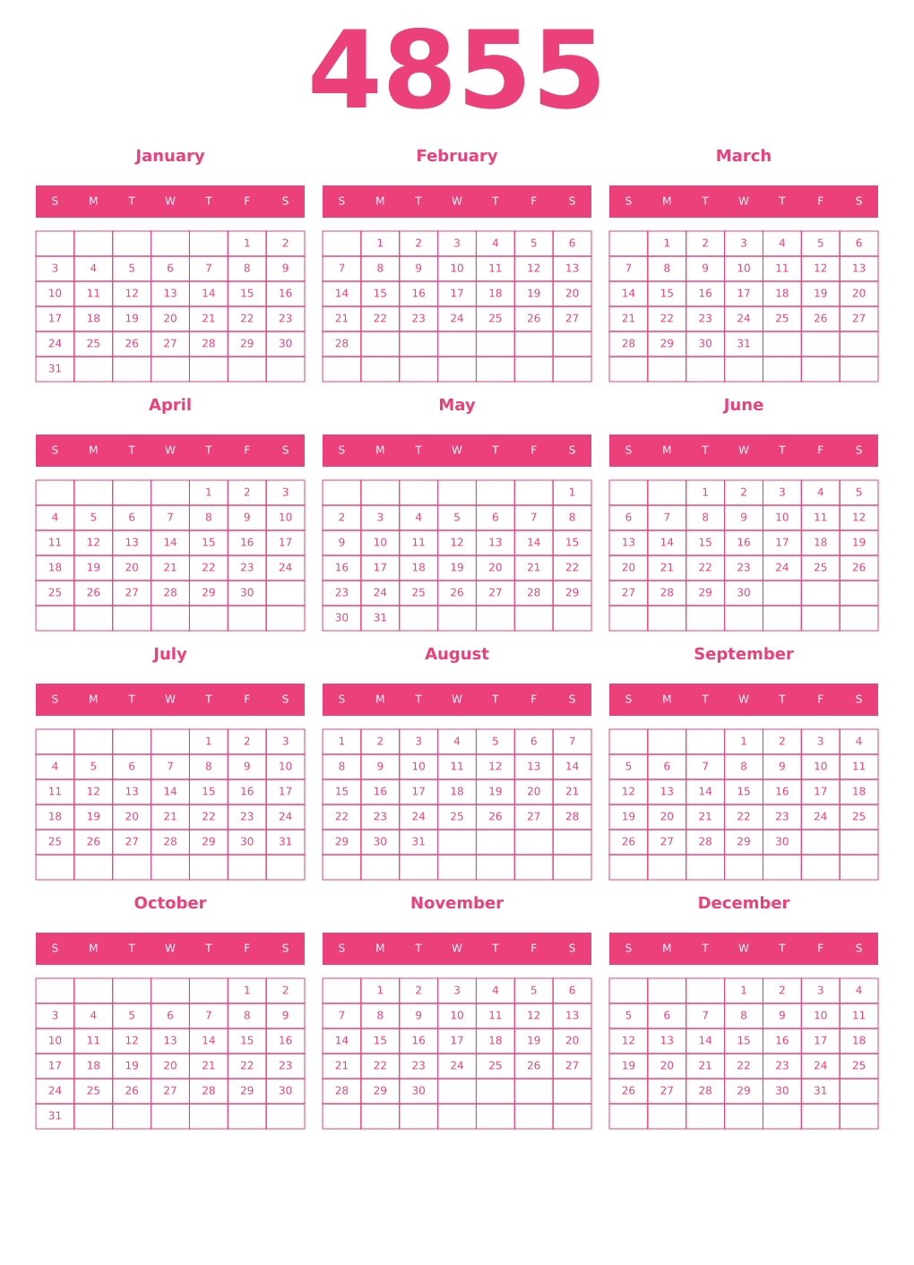 Printable 4855 Year Calendars pink