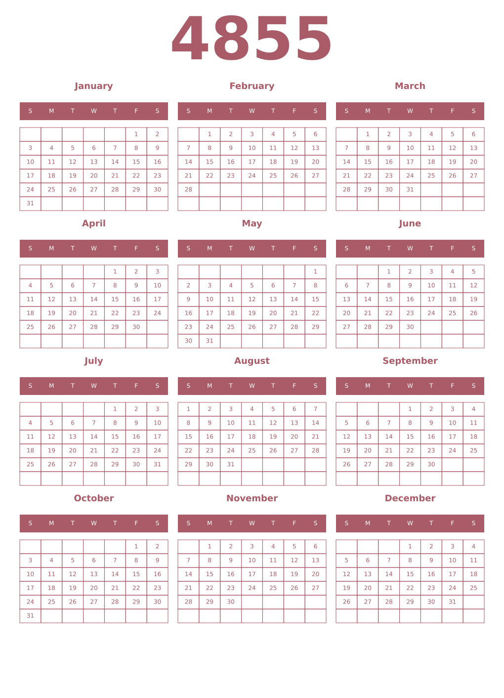 Printable 4855 Year Calendars puce