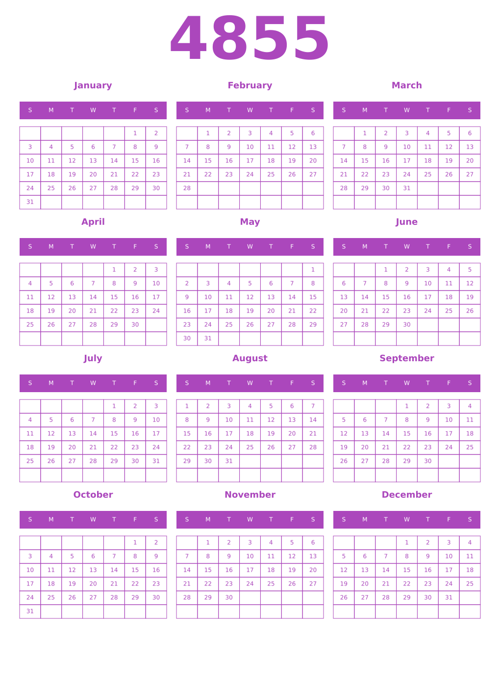 Printable 4855 Year Calendars purple