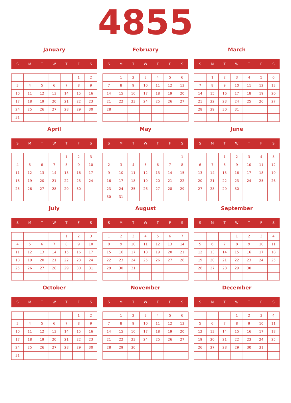 Printable 4855 Year Calendars red