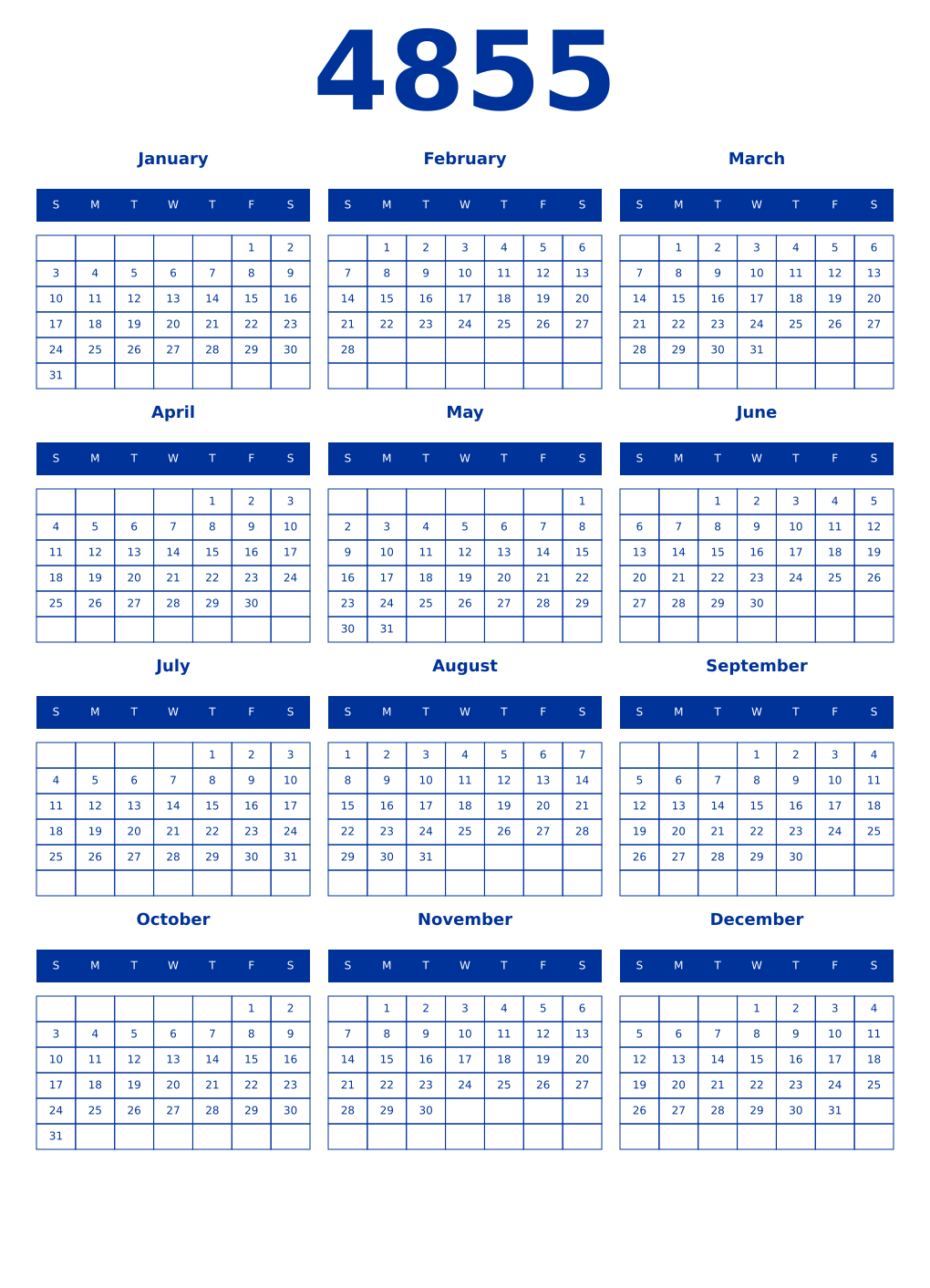Printable 4855 Year Calendars smalt