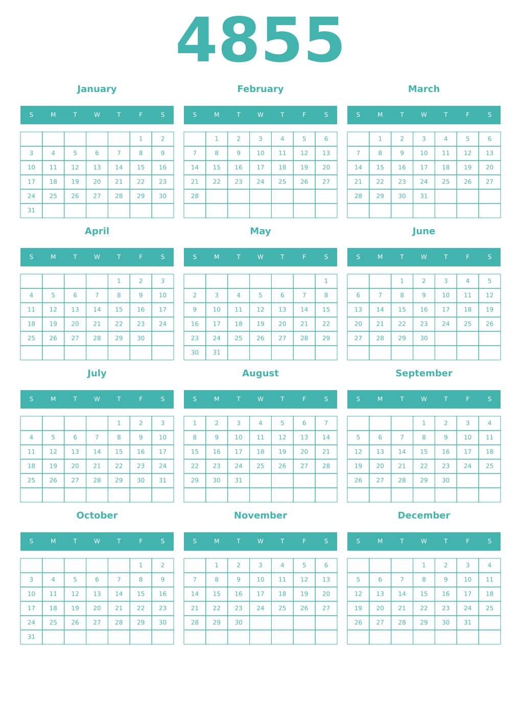 Printable 4855 Year Calendars verdigris