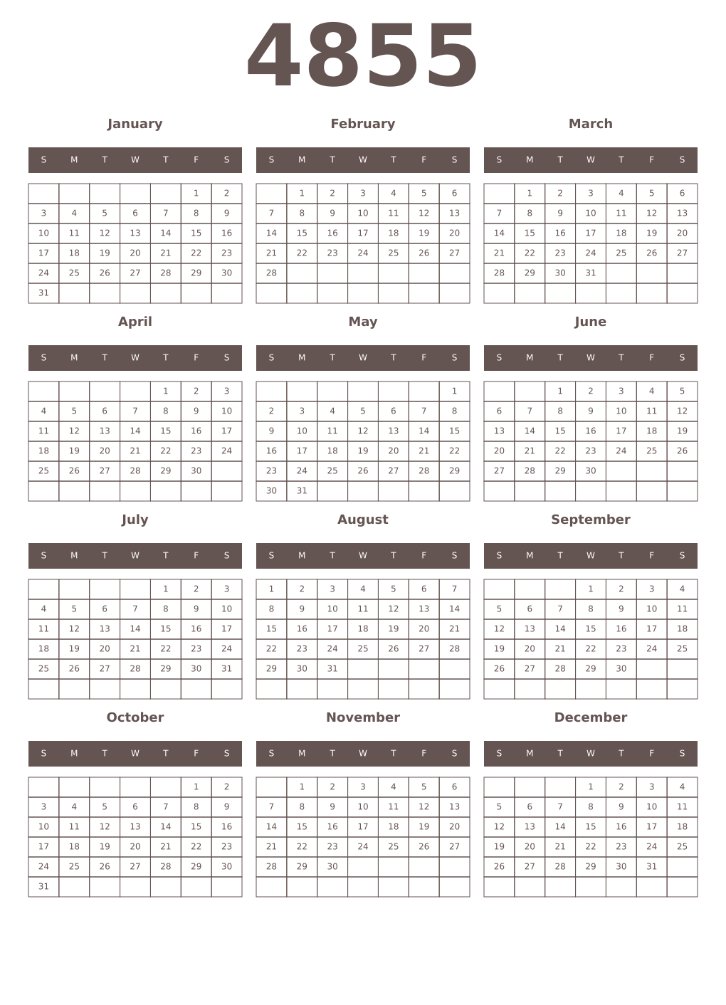Printable 4855 Year Calendars wenge