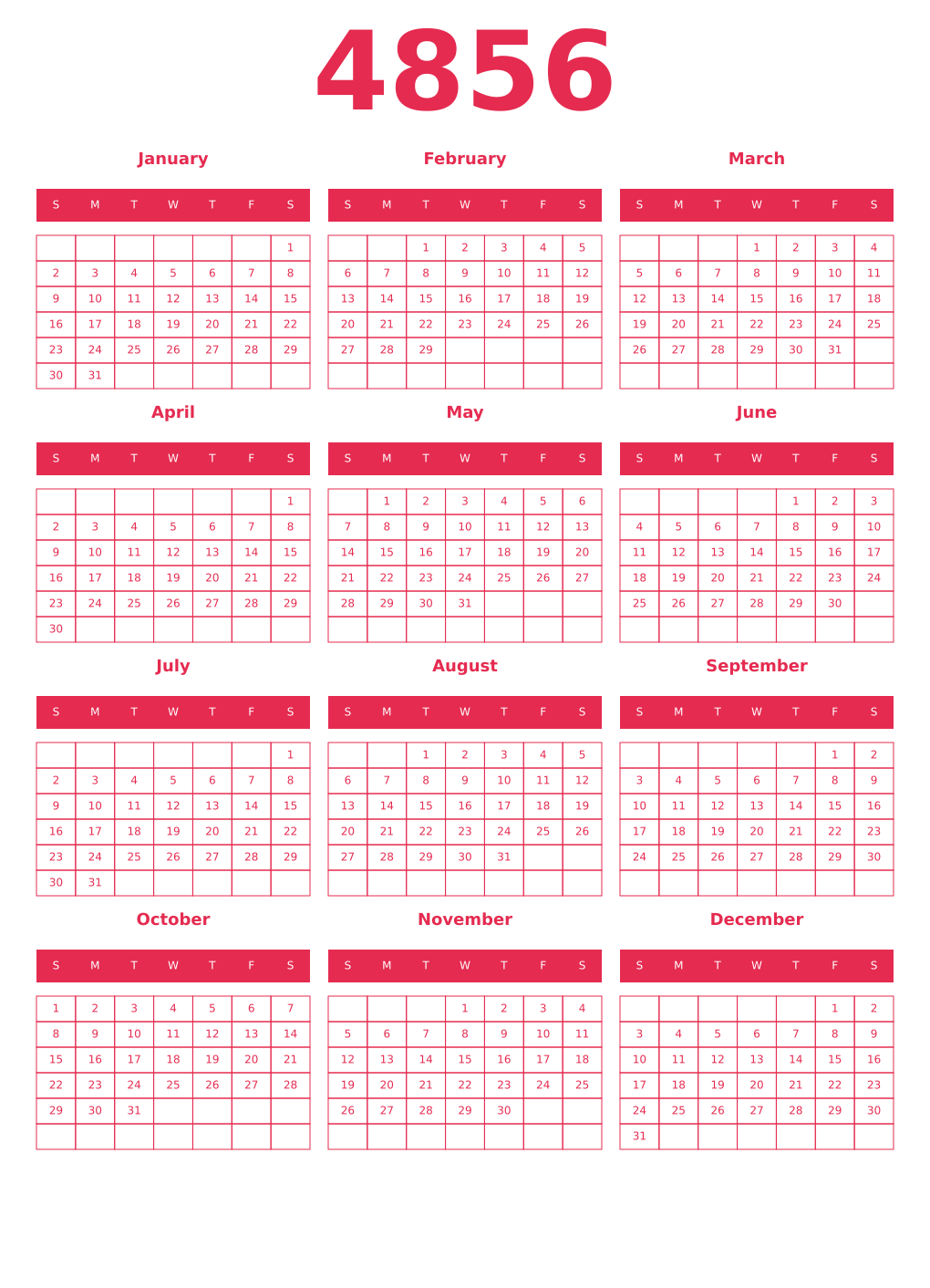 Printable 4856 Year Calendars amaranth