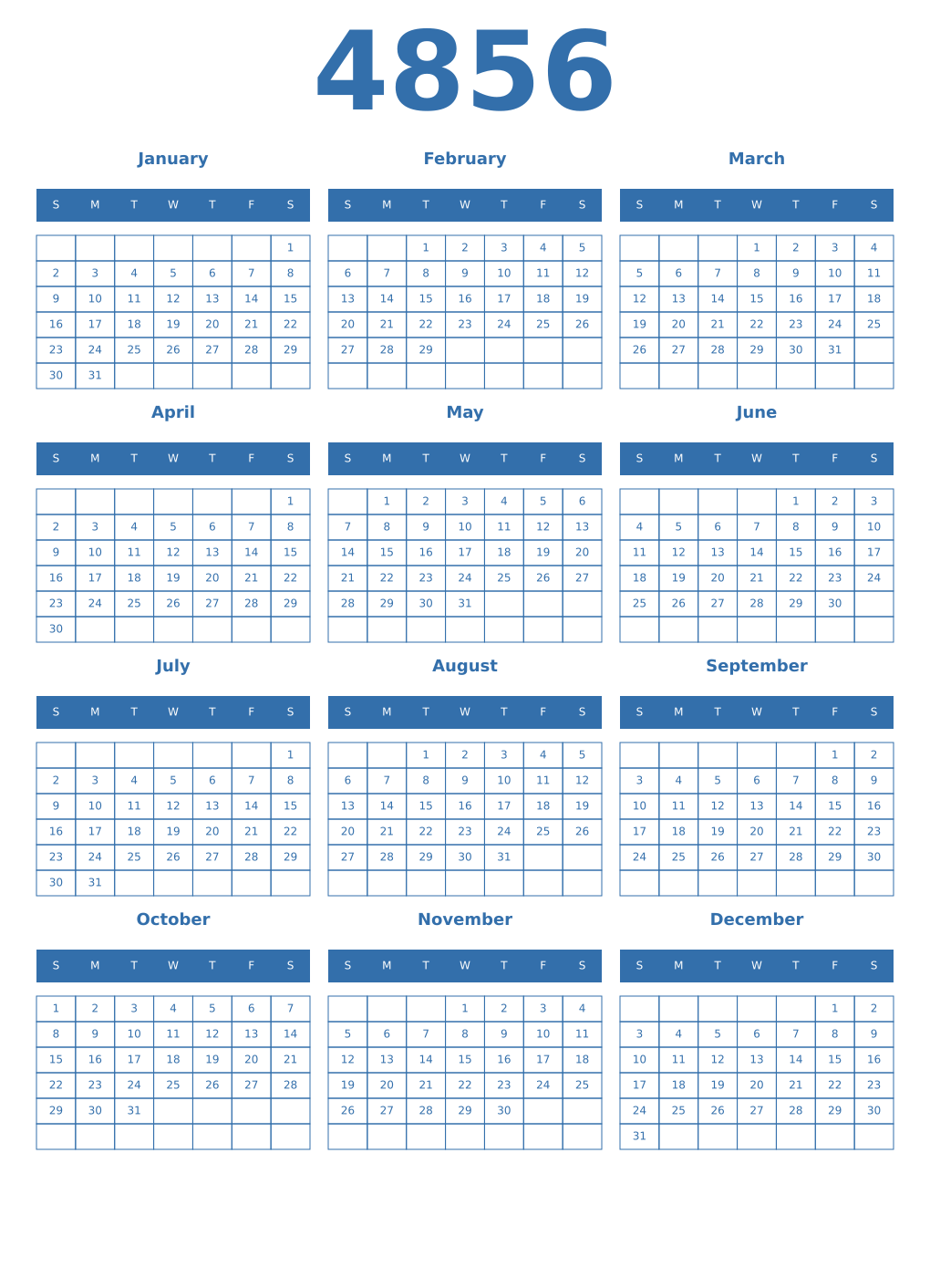 Printable 4856 Year Calendars blue
