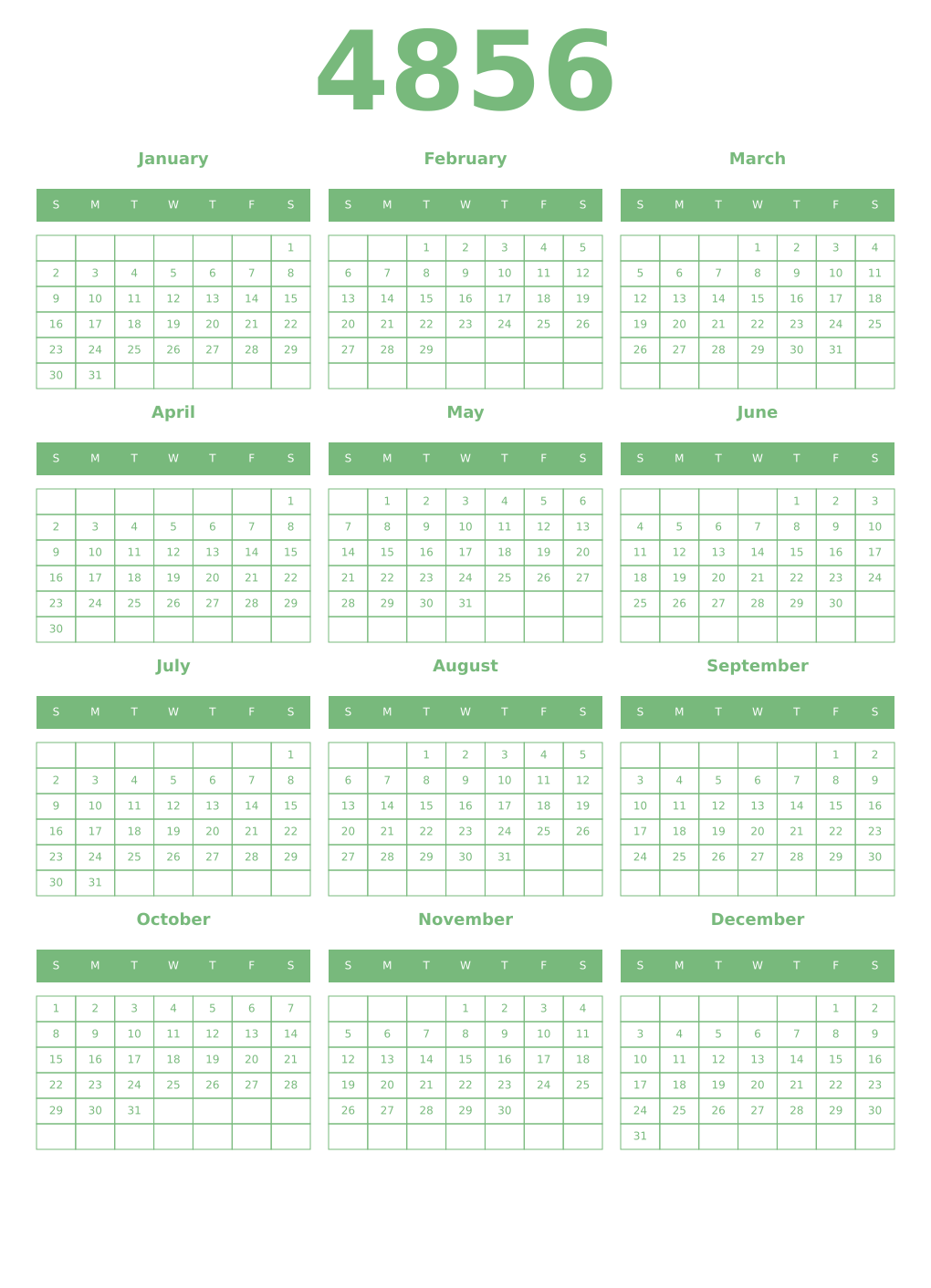 Printable 4856 Year Calendars celadon