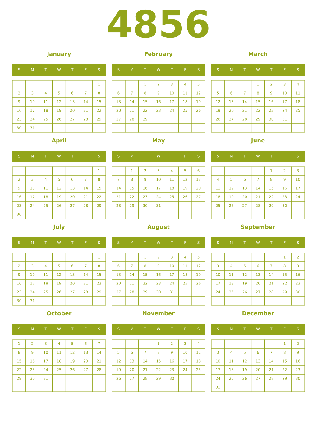 Printable 4856 Year Calendars chartreuse