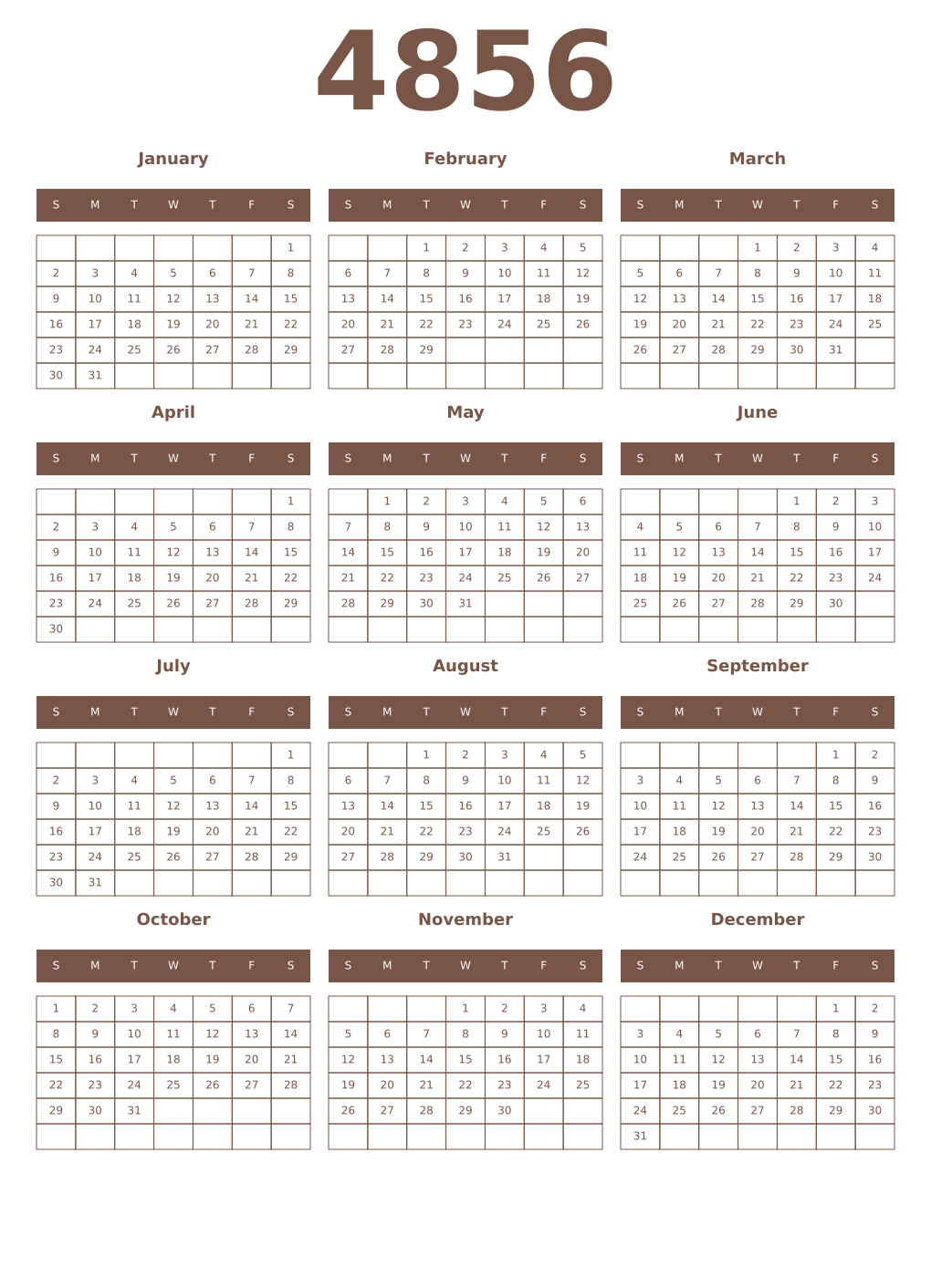 Printable 4856 Year Calendars coffe