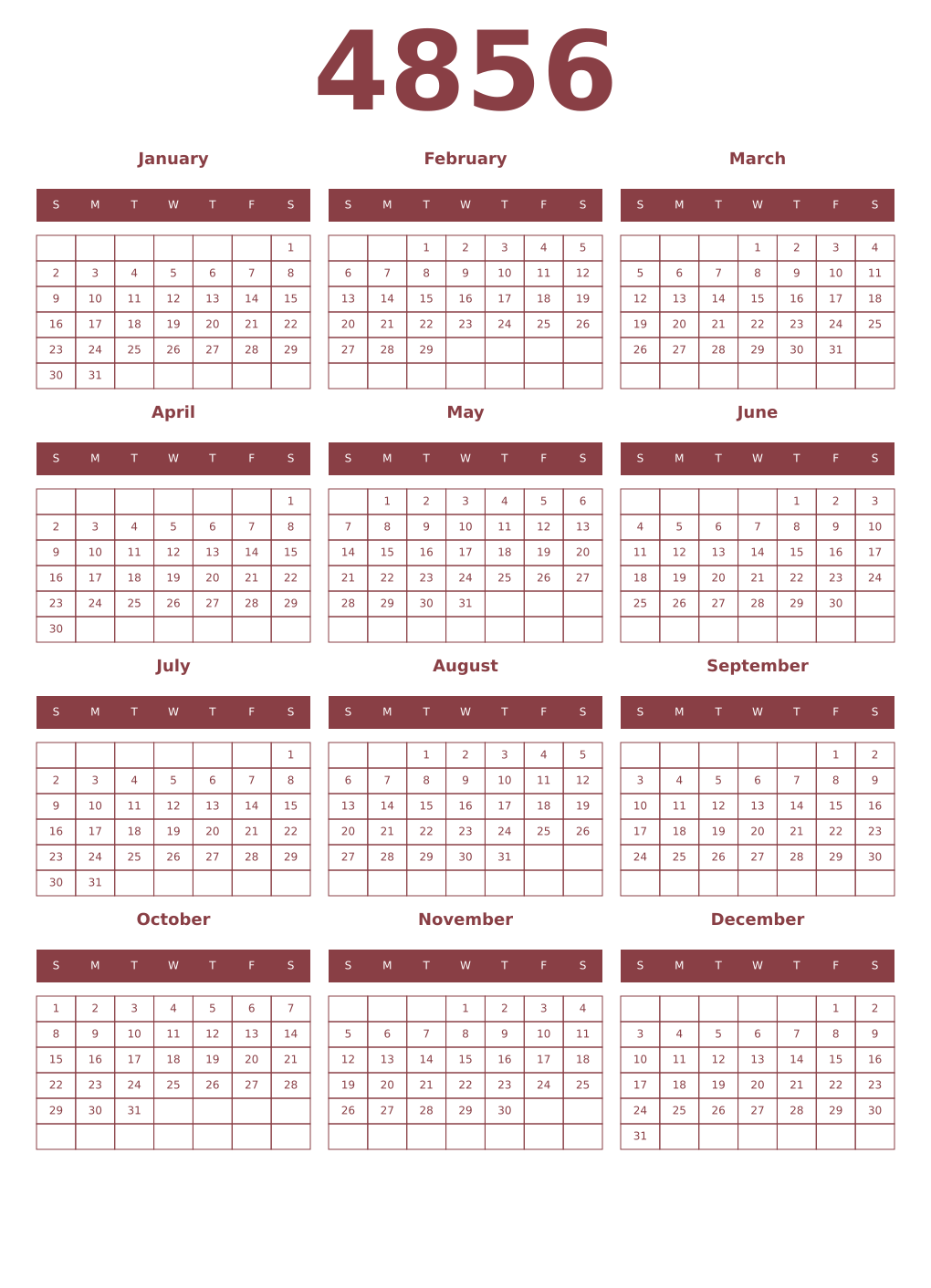 Printable 4856 Year Calendars cordovan