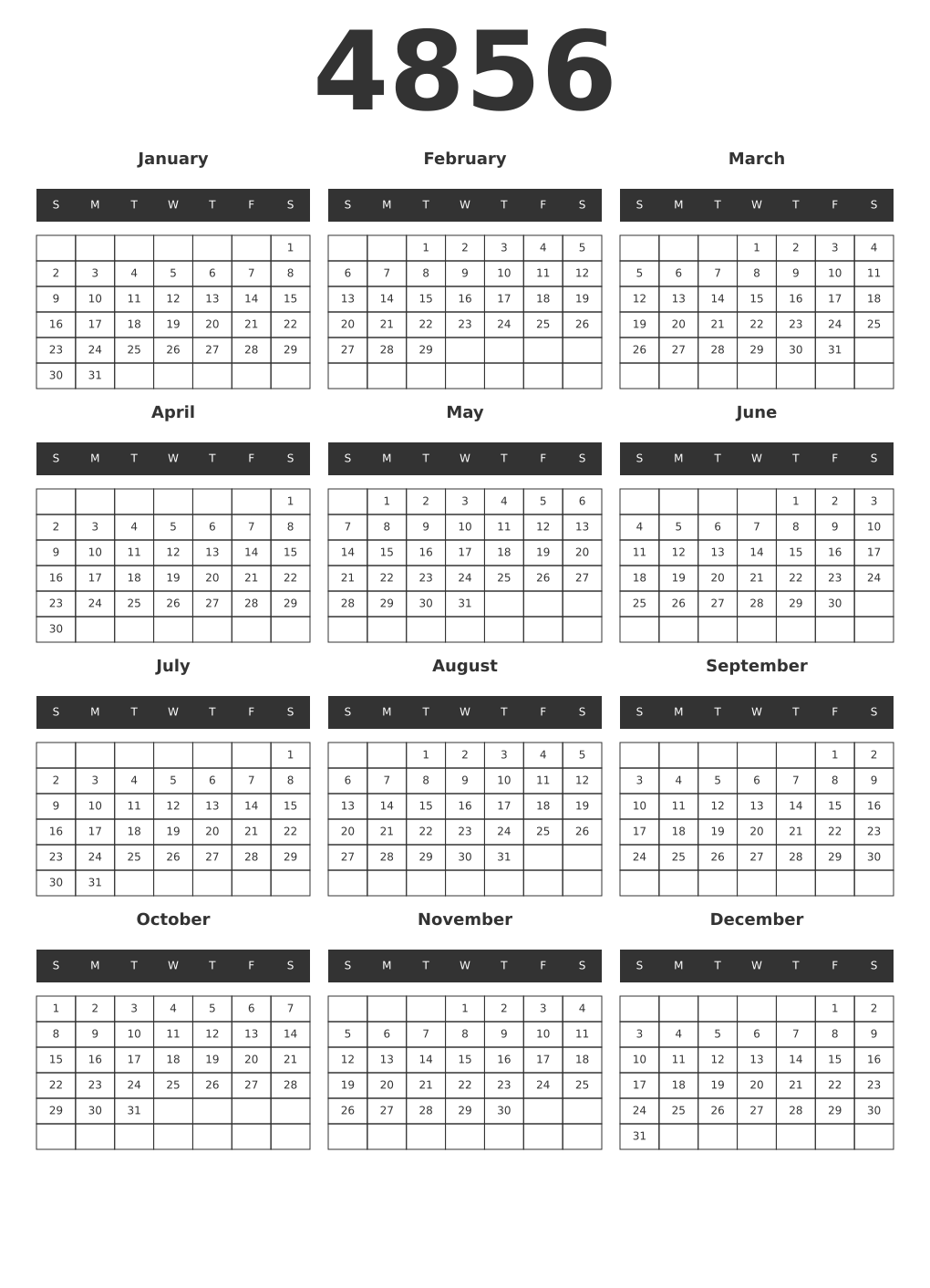 Printable 4856 Year Calendars dark