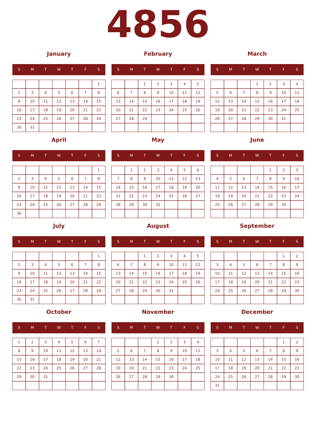 Printable 4856 Year Calendars falu