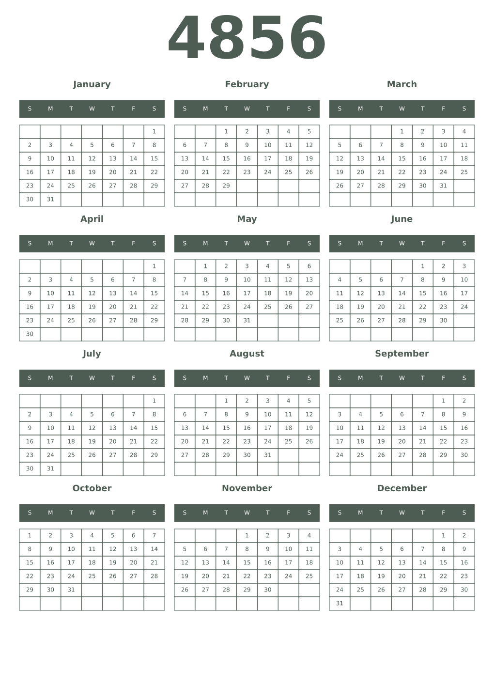 Printable 4856 Year Calendars feldgrau