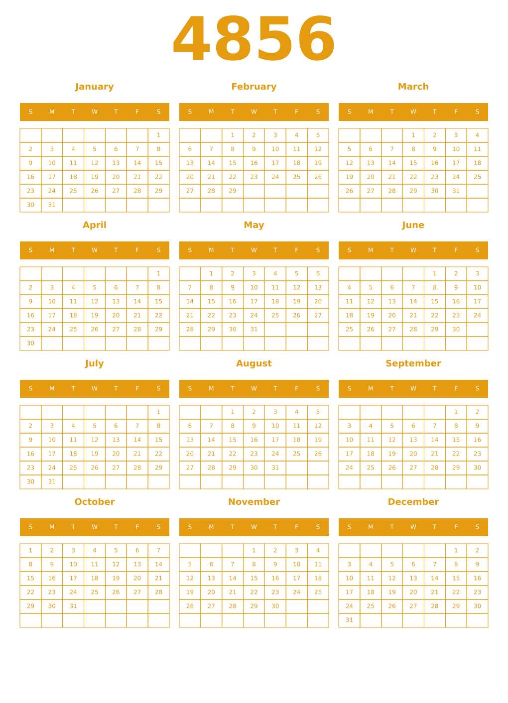 Printable 4856 Year Calendars gamboge