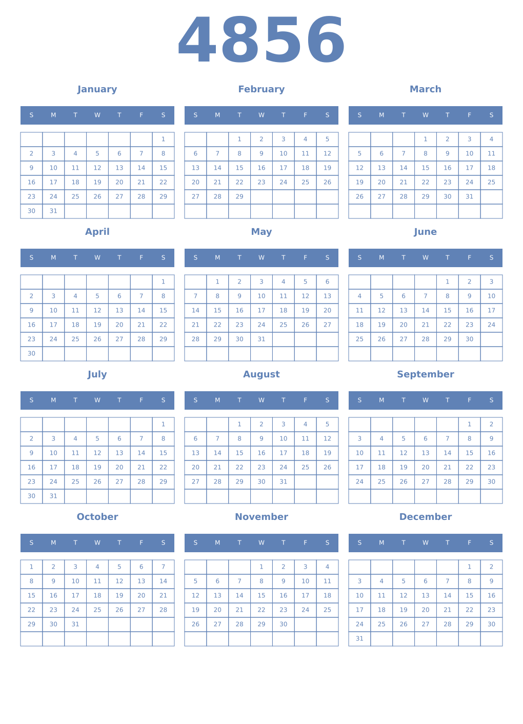 Printable 4856 Year Calendars glaucous