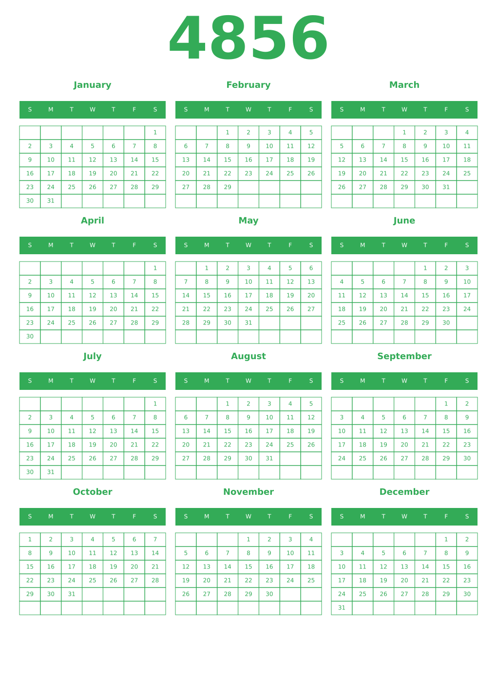 Printable 4856 Year Calendars green