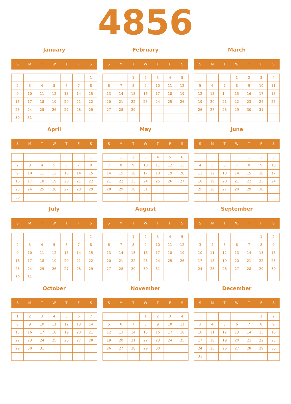 Printable 4856 Year Calendars orange