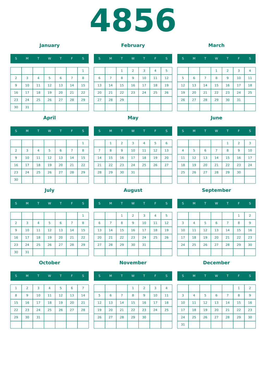 Printable 4856 Year Calendars pastel