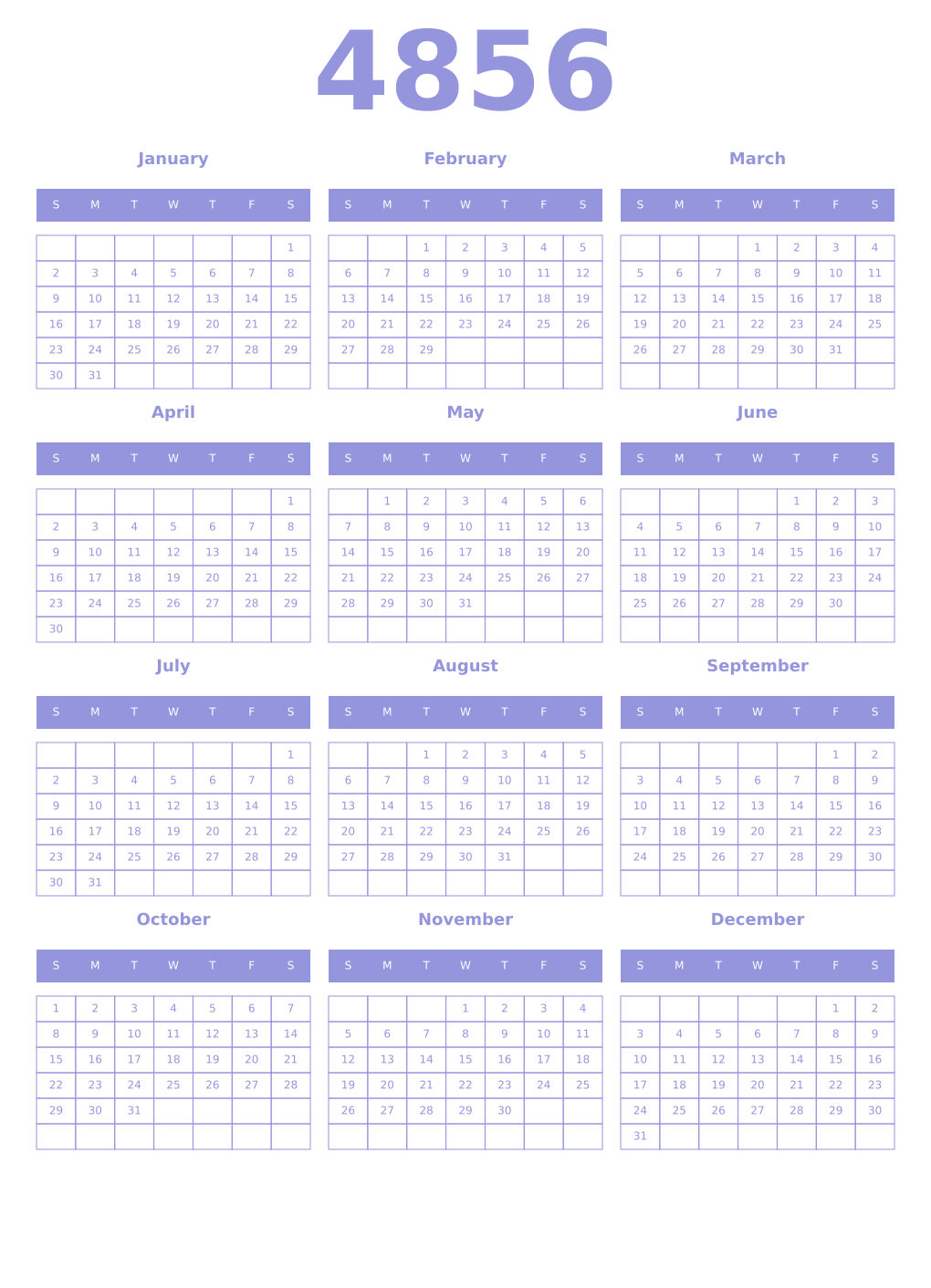 Printable 4856 Year Calendars periwinkle