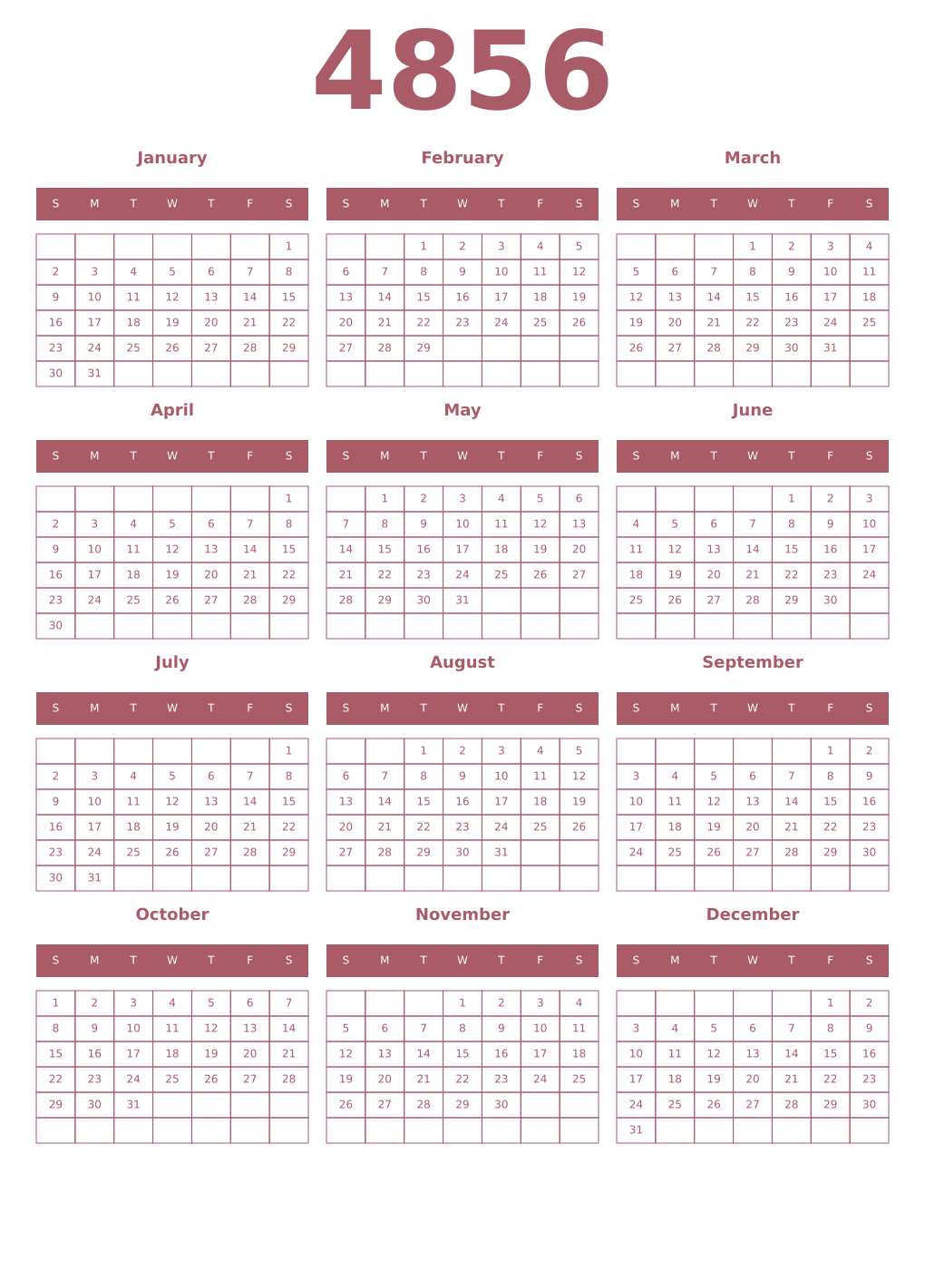Printable 4856 Year Calendars puce