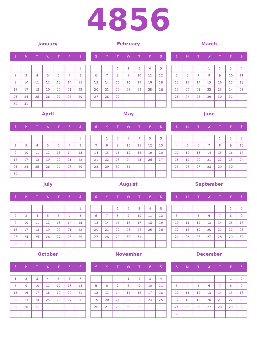 Printable 4856 Year Calendars purple