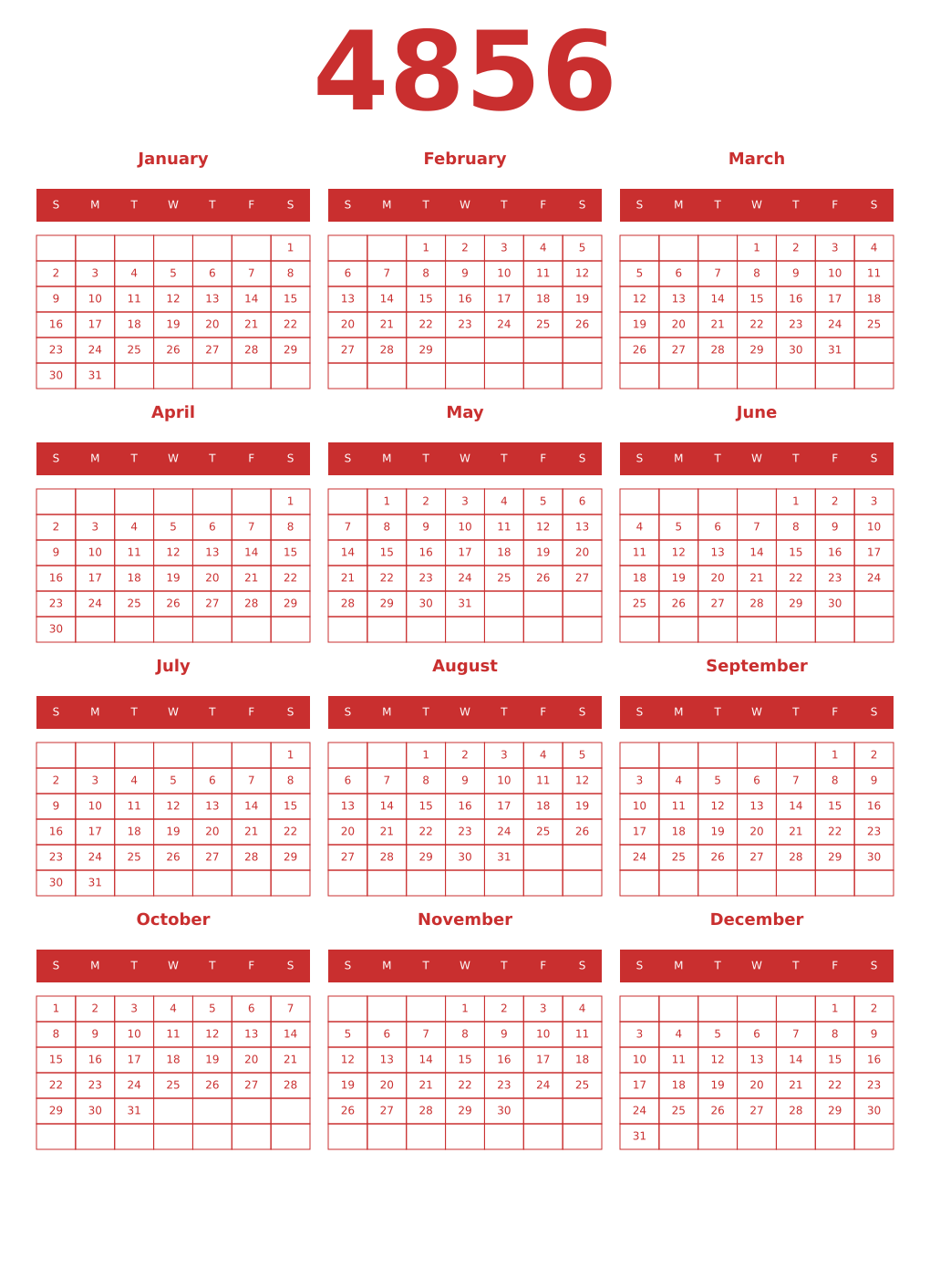 Printable 4856 Year Calendars red