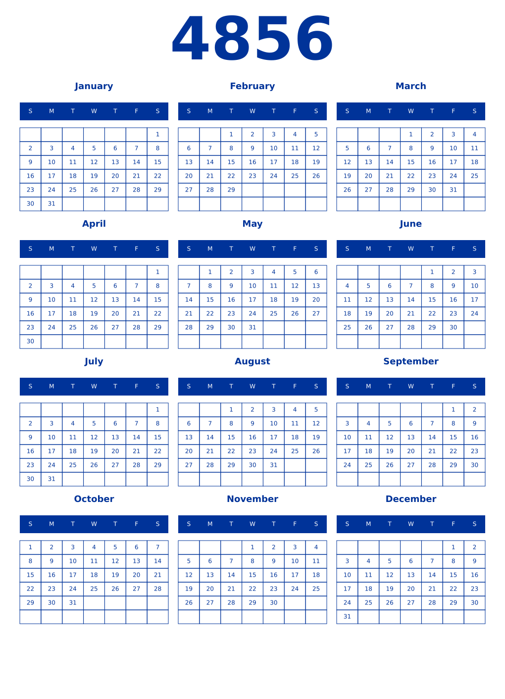 Printable 4856 Year Calendars smalt