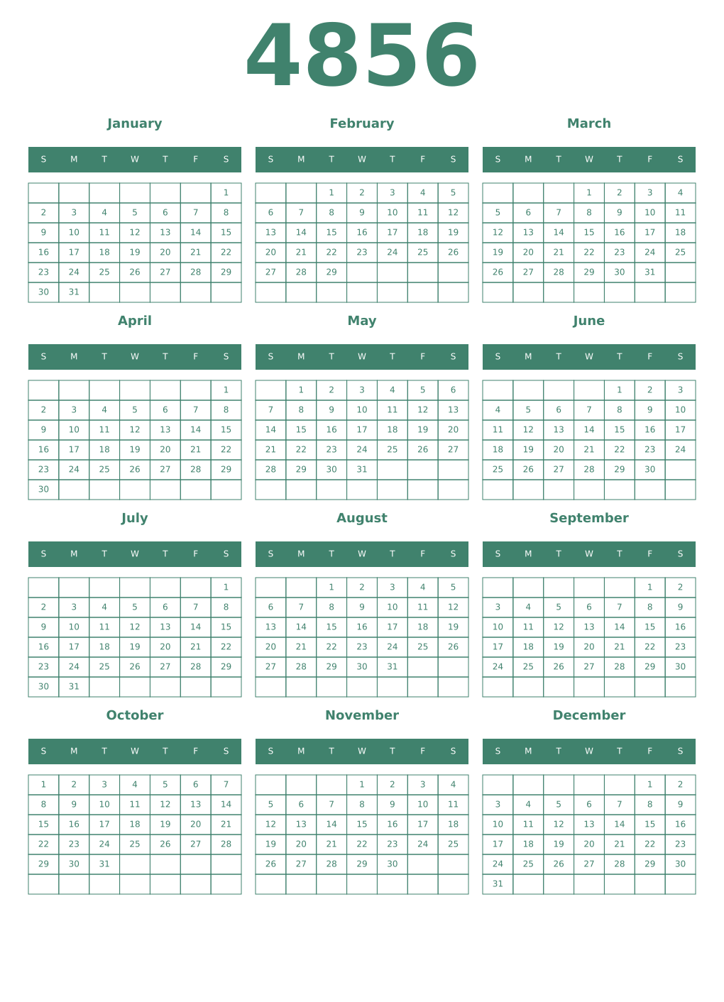 Printable 4856 Year Calendars viridian