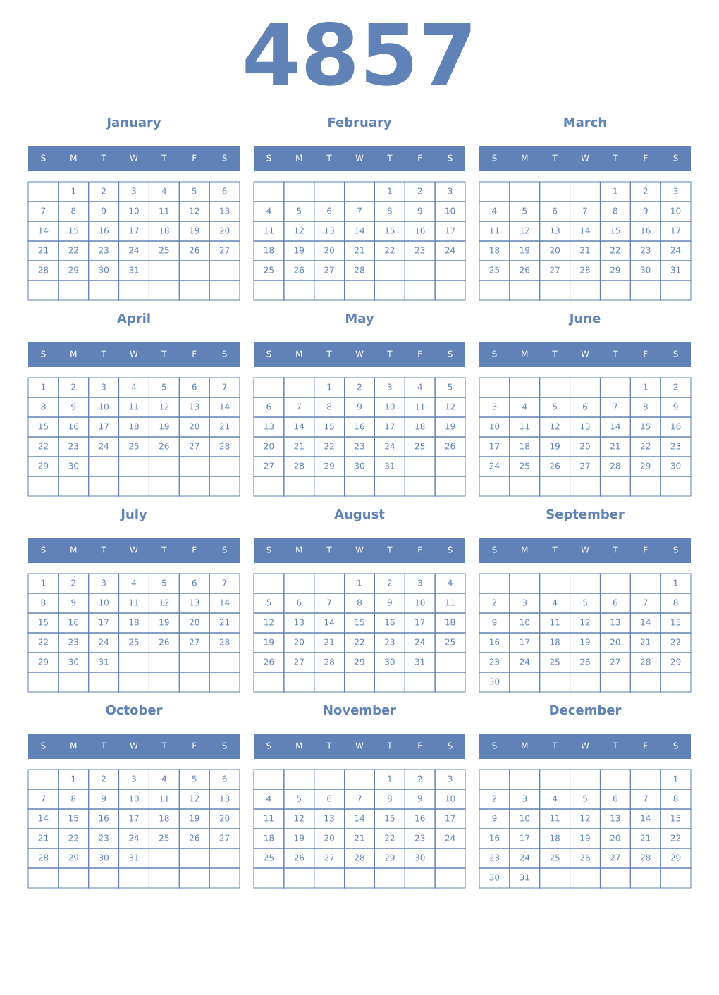 Printable 4857 Year Calendars glaucous