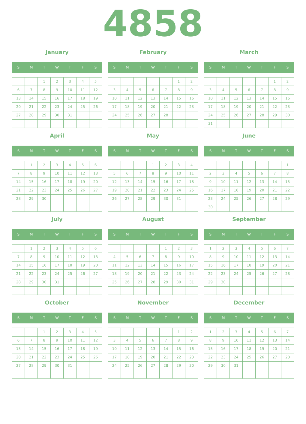 Printable 4858 Year Calendars celadon