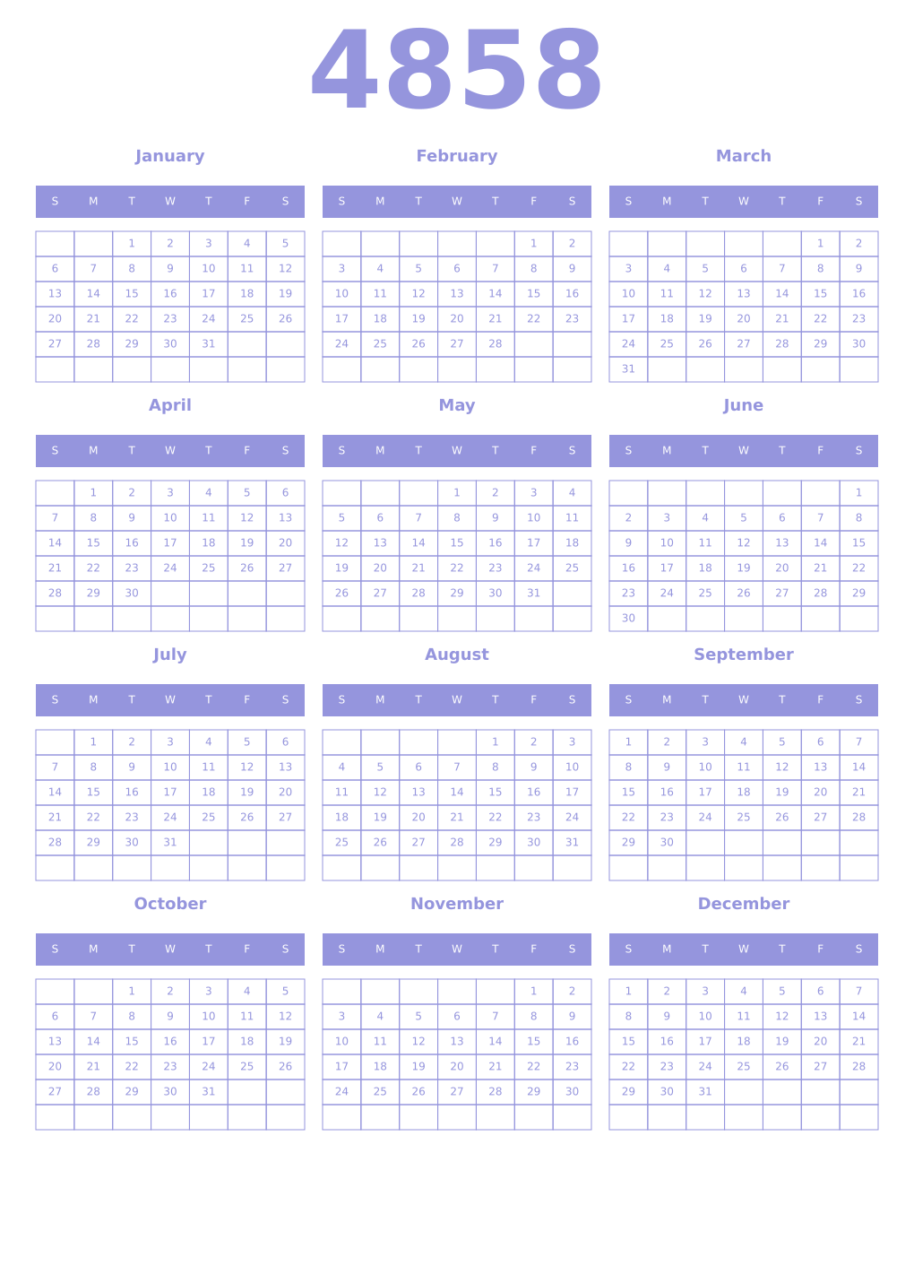 Printable 4858 Year Calendars periwinkle