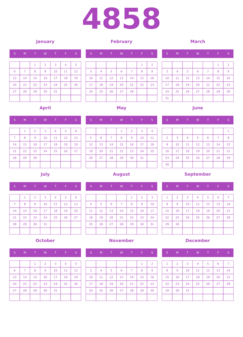 Printable 4858 Year Calendars purple