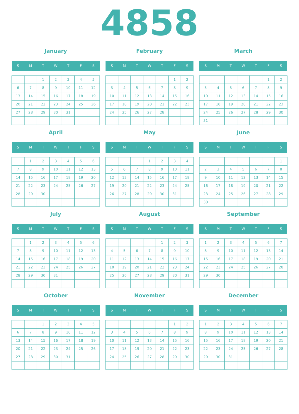 Printable 4858 Year Calendars verdigris