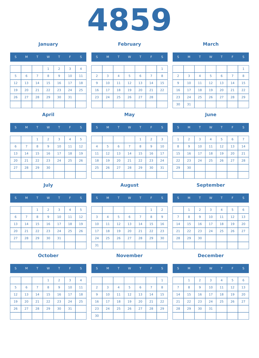 Printable 4859 Year Calendars blue